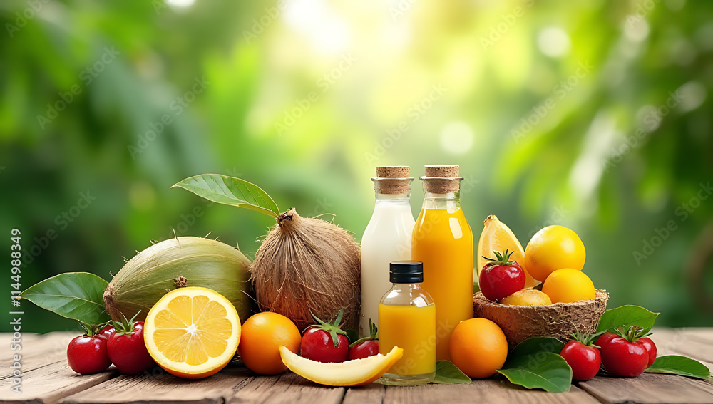 Aufkleber display of summer and nature products on a wooden table with a blurred coconut leaf background and f