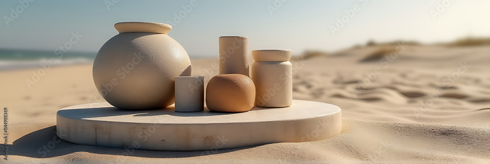 Poster display of sandstone products on a podium stand against a sandy beach background for selective focus