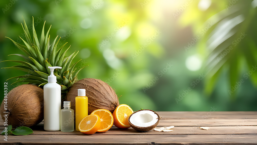 Poster display of summer and nature products on a wooden table with a blurred coconut leaf background and f