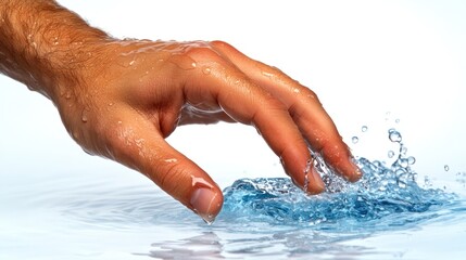 Fototapeta premium A hand reaches into clear blue water, making mesmerizing splashes that sparkle in the light