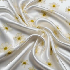 Luxurious white satin fabric with seamless yellow floral pattern.