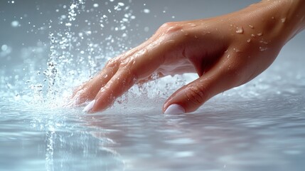 Fototapeta premium A graceful hand interacts with a calm water surface, causing delightful splashes and ripples
