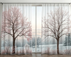 curtains transparent tulle on it abstract matte trees, season, spring, summer, autumn, winter, trees