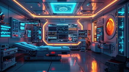 Fototapeta premium Futuristic Digital Control Panel of Sleek High Tech Spacecraft Cockpit Interface with Numerous Screens Displays Lighting and Advanced Technology for a Sci Fi Cyberpunk or Futuristic Concept