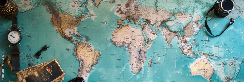 Fototapete Travel memories displayed on a world map backdrop with blank space for text and design. Generative AI