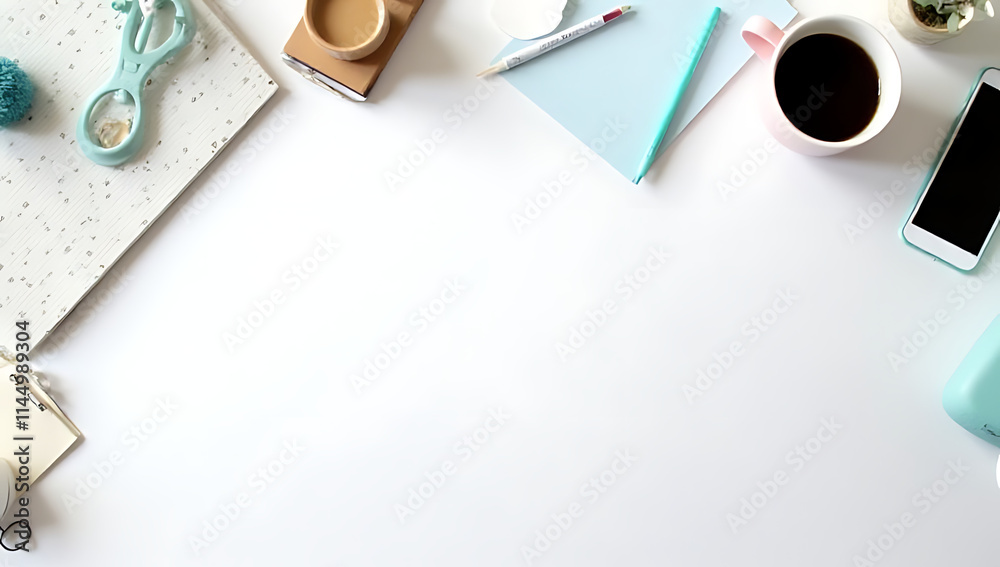 Aufkleber Digital devices and tools are displayed in a flat lay design on a white desk to showcase business ideas for smart working._00002_