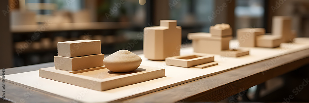 Poster die cut images of sandstone products are showcased on a focused display platform designed to highlig