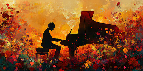 Silhouette of a Pianist Playing a Grand Piano Surrounded by Vibrant Abstract Floral Patterns in Warm, Artistic Tones