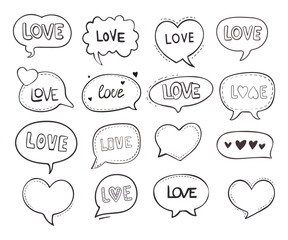 Hand-drawn speech bubbles with love messages for Valentine's day. Set of doodle comic balloon, clouds, heart shaped design elements for characters speech.