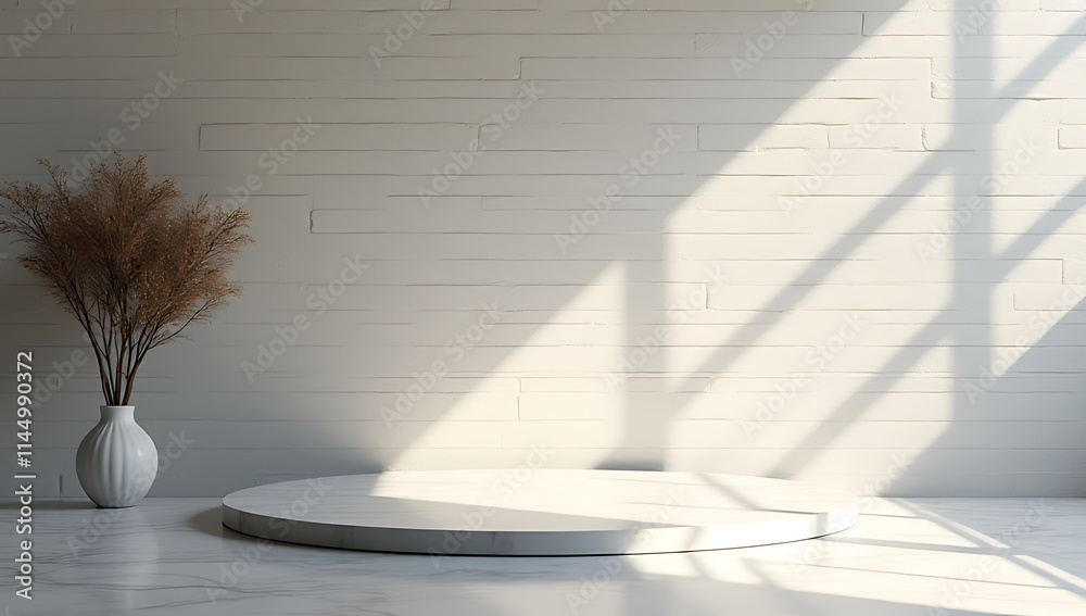 Aufkleber Design features a marble countertop or product display platform with a shadow tree on a brick wall background._00002_
