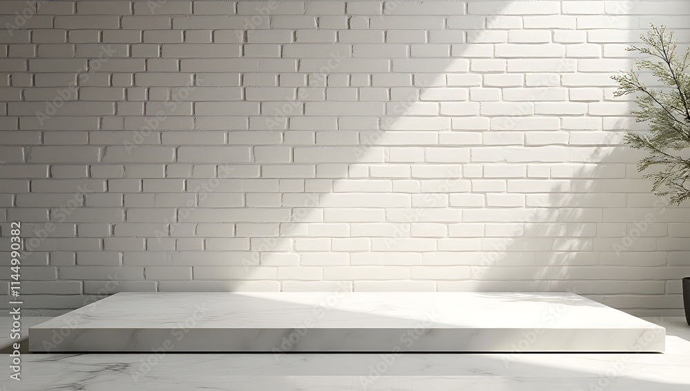 Aufkleber Design features a marble countertop or product display platform with a shadow tree on a brick wall background._00003_