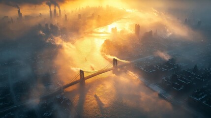 Aerial View of Brooklyn Bridge and Manhattan Skyline During Misty Sunrise with Golden Light Reflecting on Water Surface and Urban Landscape