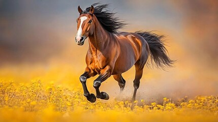 Obraz premium A majestic horse gallops through a vibrant field of yellow flowers.