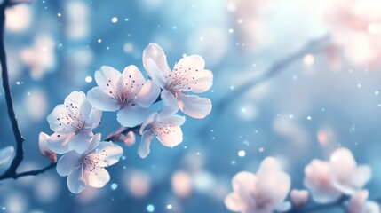 Beautiful white cherry blossoms blooming on a sunny spring day with falling glitter