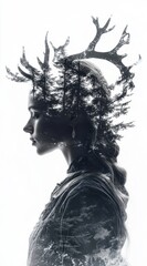 Double Exposure of Elf Woman Silhouette with Antlers, Trees, and Mountains in Her Hair