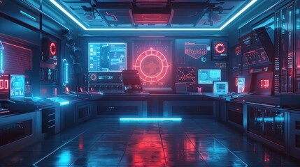 Obraz premium Futuristic sci fi control room with glowing digital displays neon lighting and high tech computer interfaces Moody cyberpunk inspired interior design for gaming virtual reality