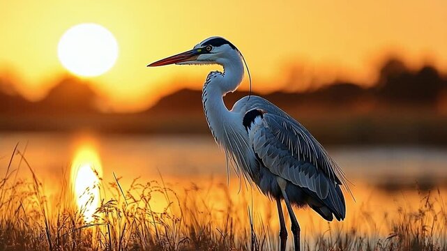A heron stands gracefully by a shimmering lake at sunset, capturing nature's beauty footage