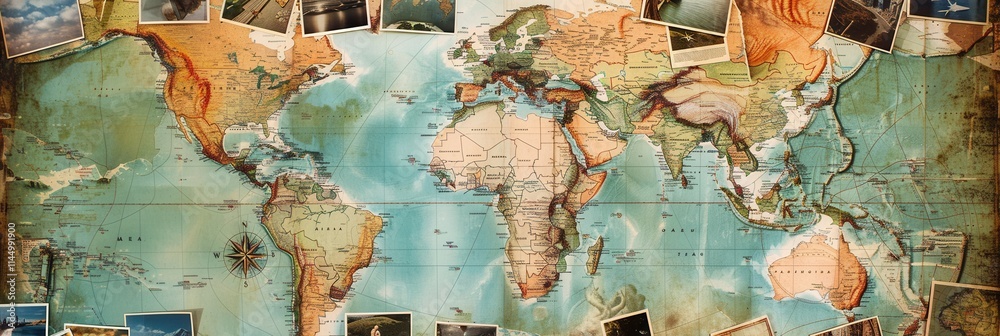 Aufkleber Explore diverse travel destinations with captivating images on a world map backdrop. Generative AI