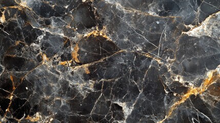 A close-up of a dark marble surface with golden veins and a glossy finish.