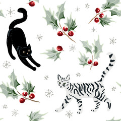 Christmas seamless pattern, cats, holly twigs with red berries, snowflakes, white background. Vector illustration. Nature design. Season greeting. Winter holidays