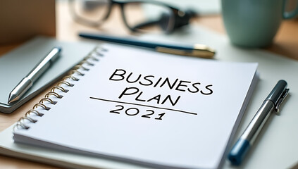 Create a business plan for 2021 by jotting down key concepts on a notepad with relevant office supplies nearby always._00002_