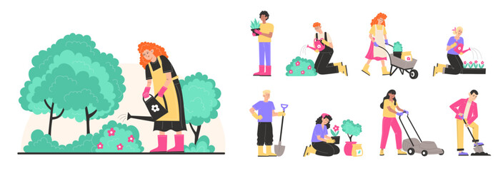 Set of characters working in the garden, including men and women trimming bushes, cutting grass, planting, digging, and watering