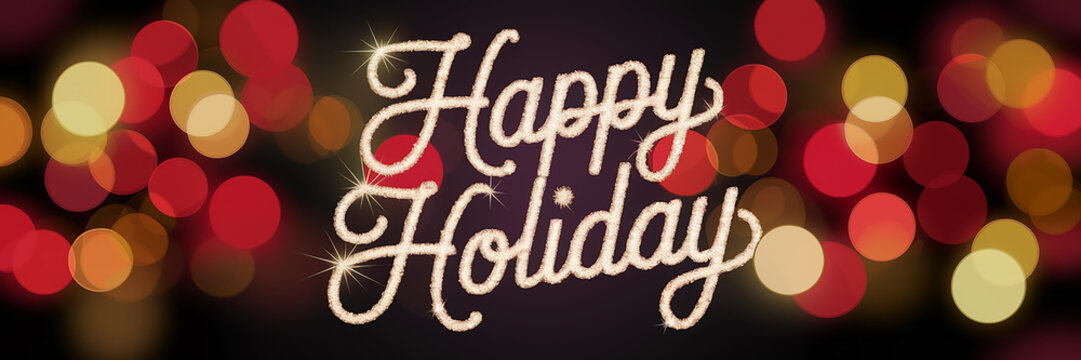 "Happy Holiday" typography in shimmering silver script, set against elegant blurred bokeh in green and red hues, creating a festive and sophisticated holiday design.

