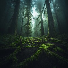 A misty forest scene with tall trees and lush green moss covering the ground.