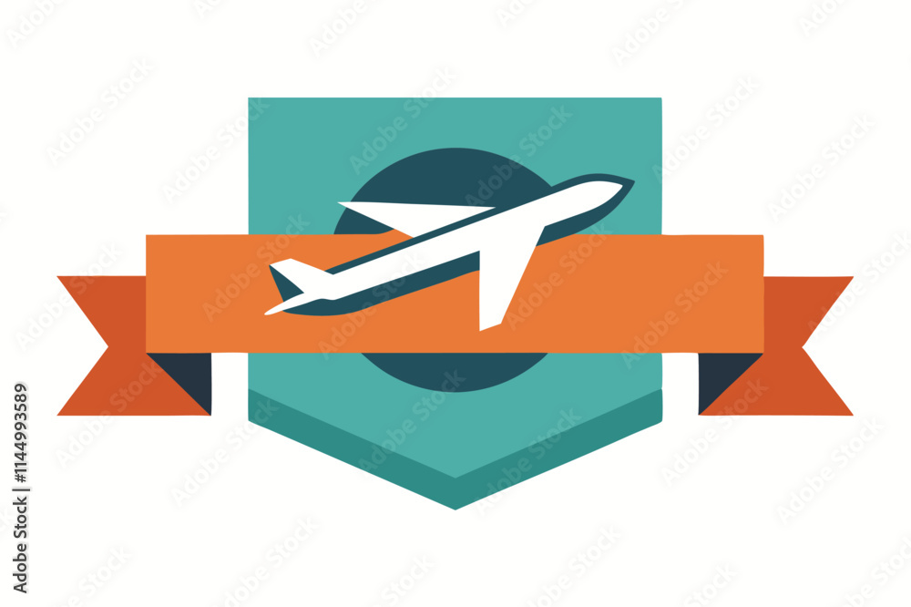 Poster vector illustration of an airplane over a colorful banner design featuring playful geometric element