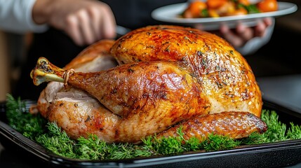 Roasted turkey on tray with hands and food plate.