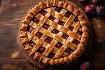 Delicious fig pie baking on wooden table with lattice crust
