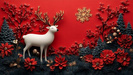 A White Deer with Antlers and Red Flowers


