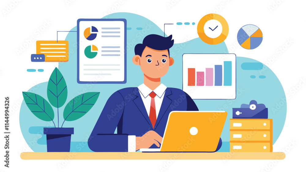 Aufkleber business professional using laptop in modern workspace with charts and plants for productivity and c