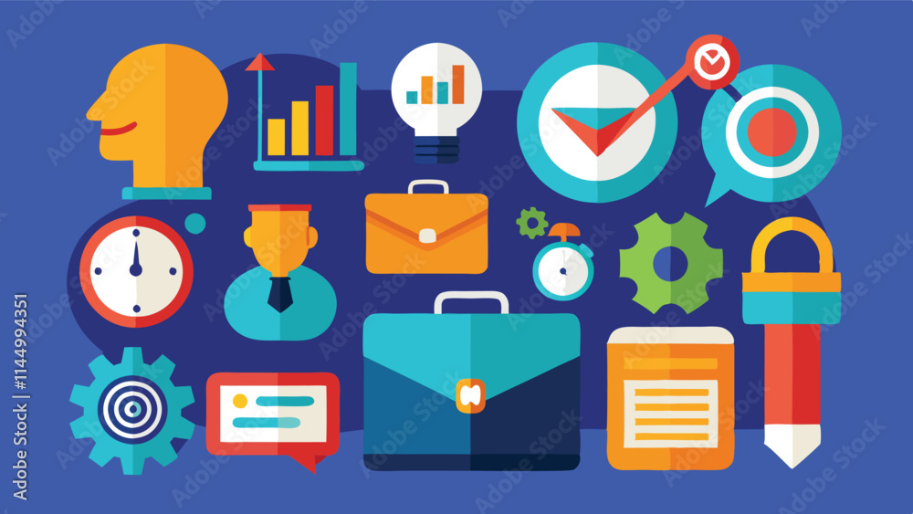 Fototapete Colorful vector illustration of office elements and tools representing productivity and work environment in a modern setting