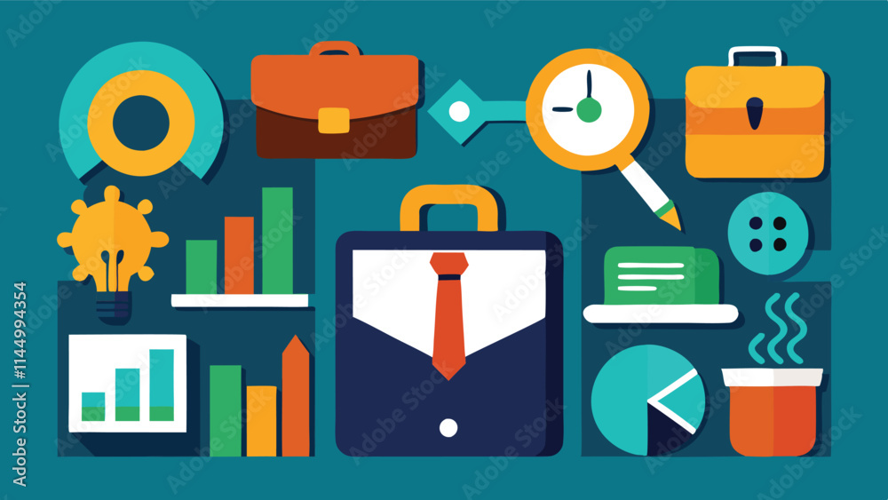 Fototapete Colorful vector illustration of office elements and tools representing productivity and work environment in a modern setting