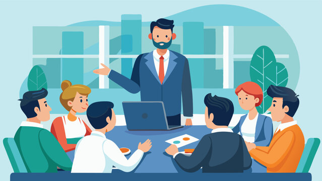 Group of professionals engaged in a discussion during a business meeting in a modern office environment