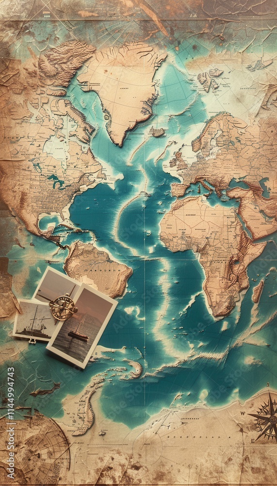 Poster discovering the world through travel photos on an artistic map background. generative ai