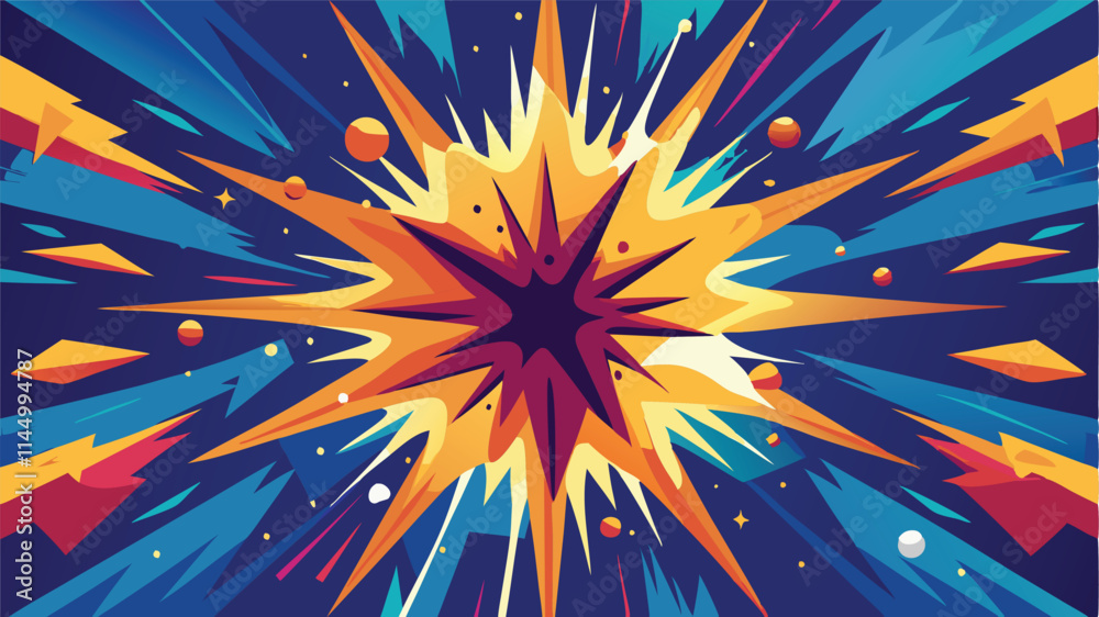 Poster colorful explosion graphic showcasing dynamic energy and movement in a vibrant cosmic background dur