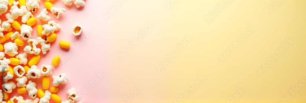 Aufkleber Colorful kernels of corn and fluffy popcorn on a soft pastel colored background in a cheerful design._00003_