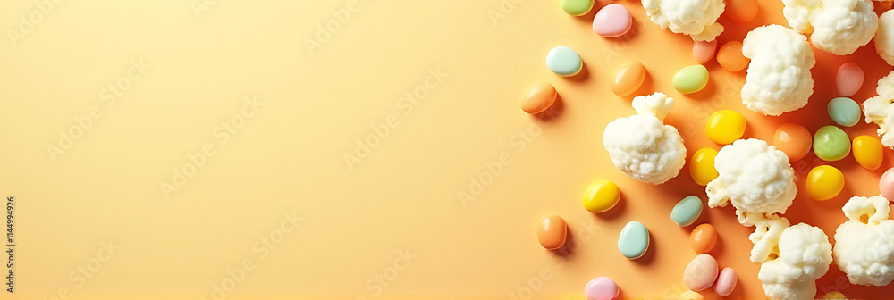 Aufkleber Colorful kernels of corn and fluffy popcorn on a soft pastel colored background in a cheerful design._00002_