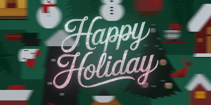 "Happy Holiday" typography in shimmering silver script, set against elegant blurred bokeh in green and red hues, creating a festive and sophisticated holiday design.

