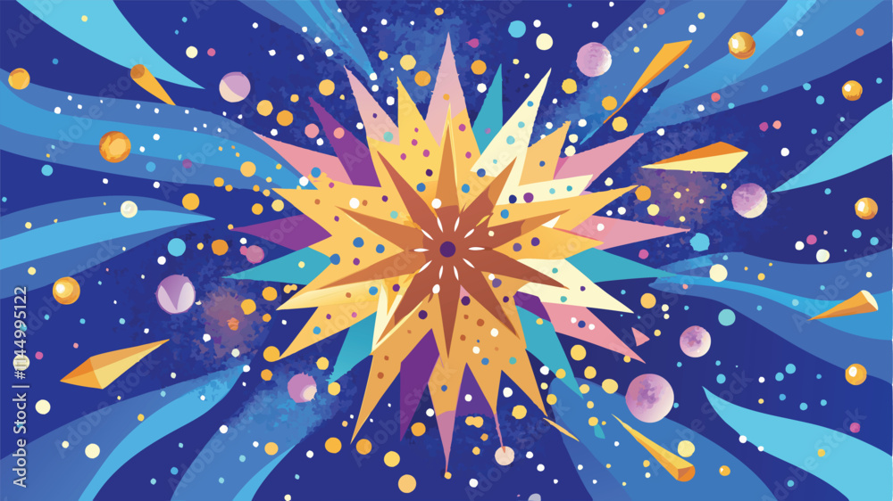 Poster Colorful explosion of geometric shapes and vibrant colors in a radial pattern creating a dynamic visual effect