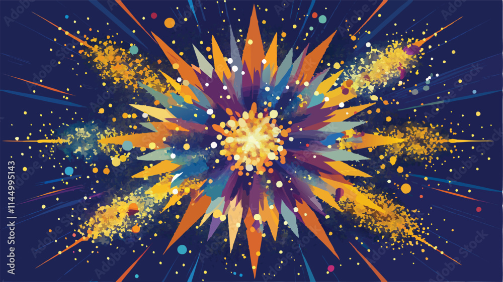 Poster Colorful explosion of geometric shapes and vibrant colors in a radial pattern creating a dynamic visual effect