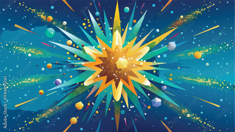 Poster Colorful explosion of geometric shapes and vibrant colors in a radial pattern creating a dynamic visual effect