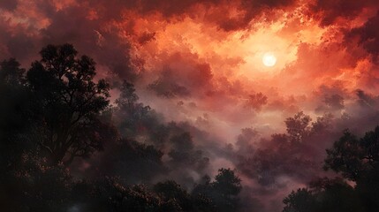 Naklejka premium Ethereal Foggy Forest Landscape with Golden Sunlight at Dawn