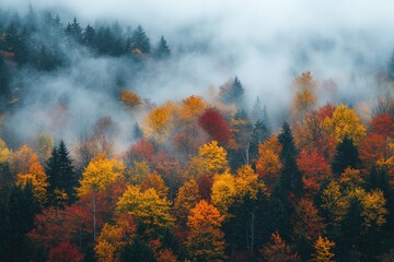 Fototapeta premium Colorful autumn forest emerging from fog in the mountains
