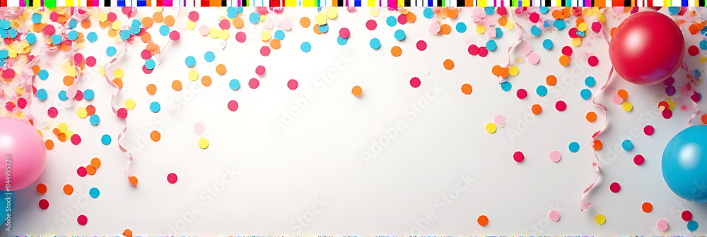 Poster colorful confetti and streamers create a lively atmosphere in these creative flat lay party backgrou