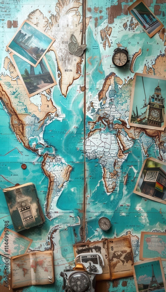Leinwandbilder travel memories and adventures displayed on a colorful world map with ample space for ideas and insp