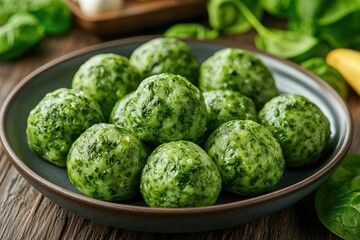 Fototapeta premium Spinach gnocchi resting on a rustic plate, fresh and appealing