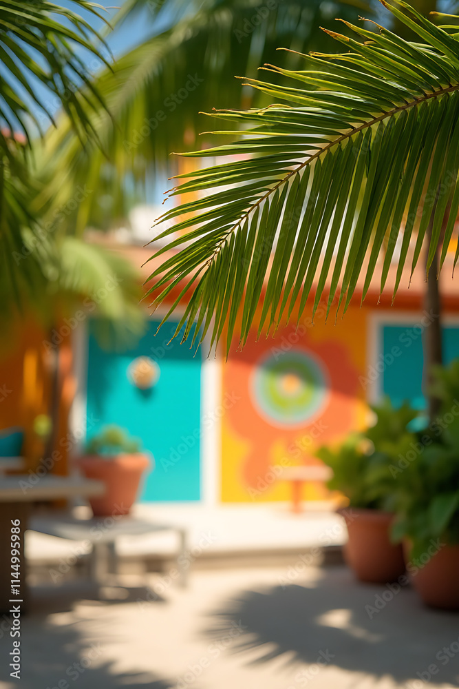 Poster coconut palm leaves are in selective focus on a colorful tropical background with summer holiday con